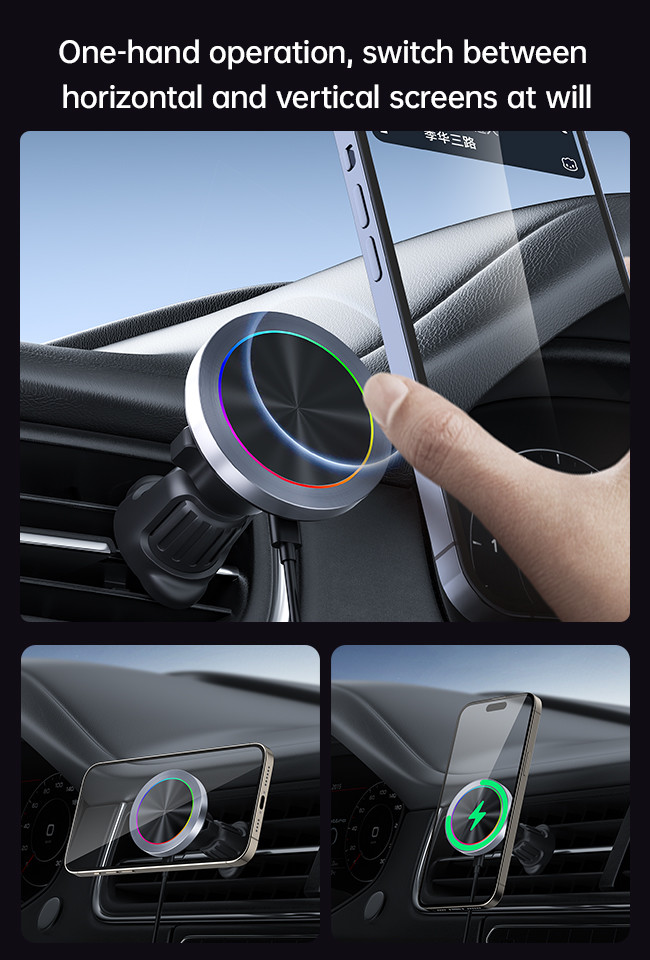 Aluminium Alloy 15w Wireless Charger Car Mount With RGB Light And Fast Charging