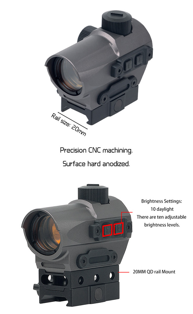 Hunting Red Dot Riflescope / D10 Red Dot Sight 1.5 MOA Manual Key Switch With 20mm Riser Mount Gray