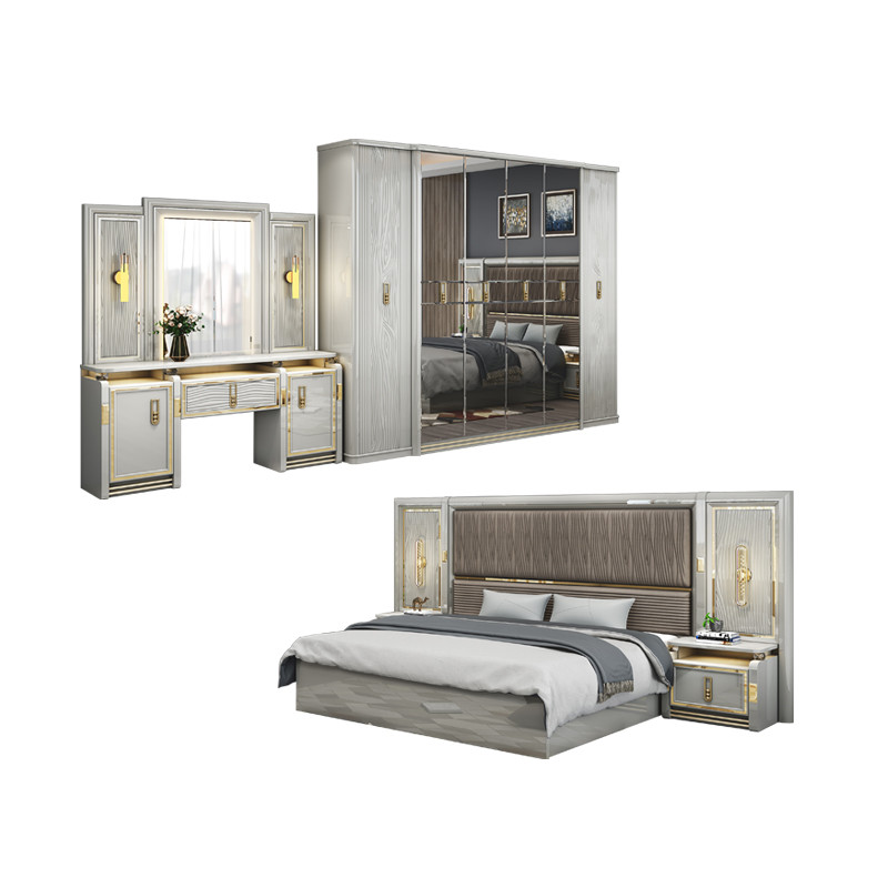 Complete Modern Leather Wooden King Size Bed 5 Pieces Sets Double Master Room Queen Full Luxury Home Bedroom Furniture Set
