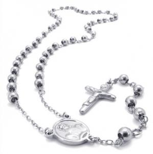 China 316L Stainless Steel Saint Praying Rosary Beads Ball Chain Necklaces With Jesus Cross on sale