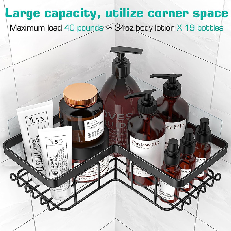Rustproof Stainless Steel No Drilling Wall Mounted 3-Pack Adhesive Shower Organizer with Soap Holder and 12 Hooks