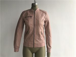 Wholesale Pink Color Womens PU Faux Leather Bomber Jacket With Rib Neck TW77437 from china suppliers