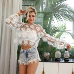 Lantern Sleeved High Neck Flared Blouse Chic Black High Waisted Lace Tops With