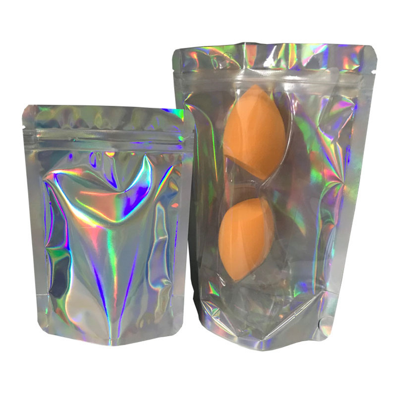 Front clear Mylar Holographic Packaging Bag for Cosmetics Beauty Sponge Packaging