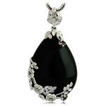 Vintage Jewelry 925 Silver Marcasite Drop Black Agate Pendant Necklace 18 Inches