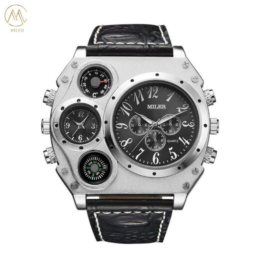Unique Design Quality MILER Brand Dual Time Big Face Men Watch with Compass Leather Strap Quartz Watch