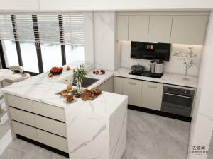 Wholesale Modern Beige Stainless Steel Kitchen Cabinet With High-Low Design Quartz Countertop from china suppliers