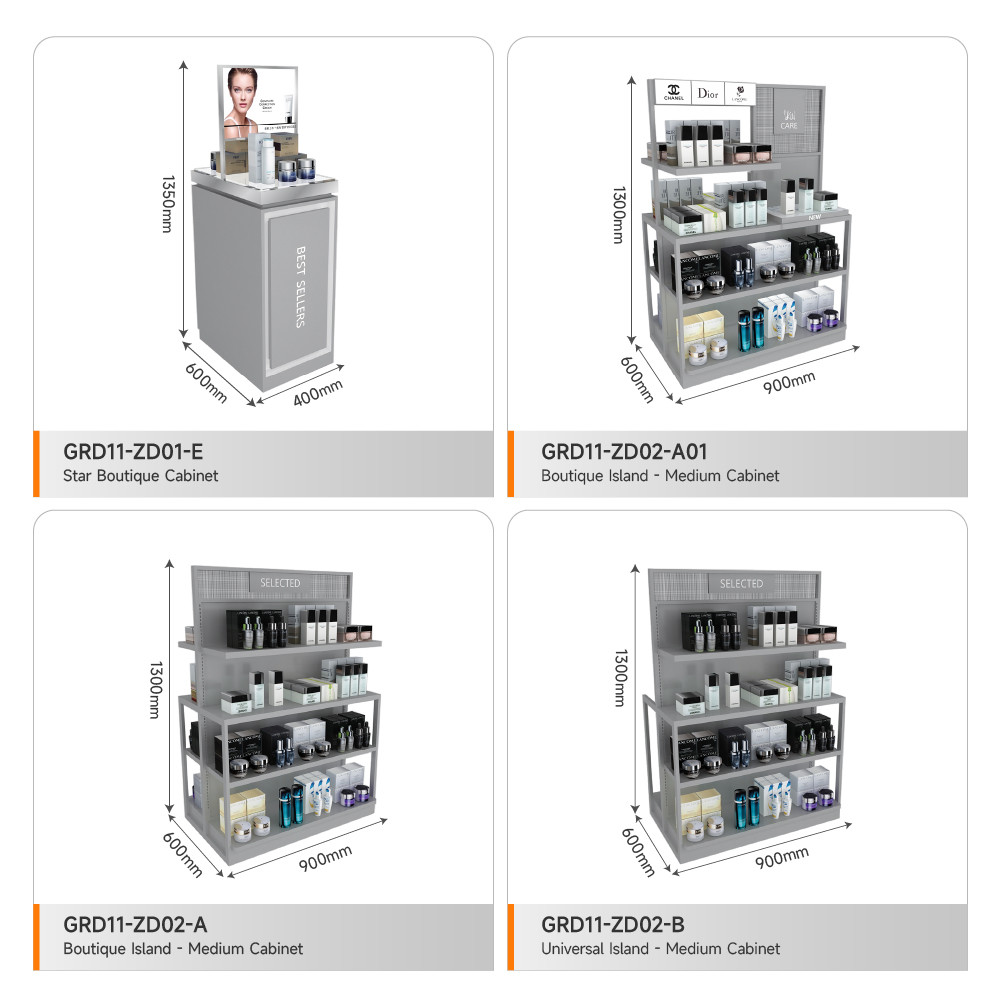 Retail Display Rack Grey Wooden Island Cabinet For Smart Store Rack And Premium Shop Design