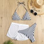 S-Xl Size Nylon Fabric Three Piece Swimwear For Swimming Black Strip Comfortable