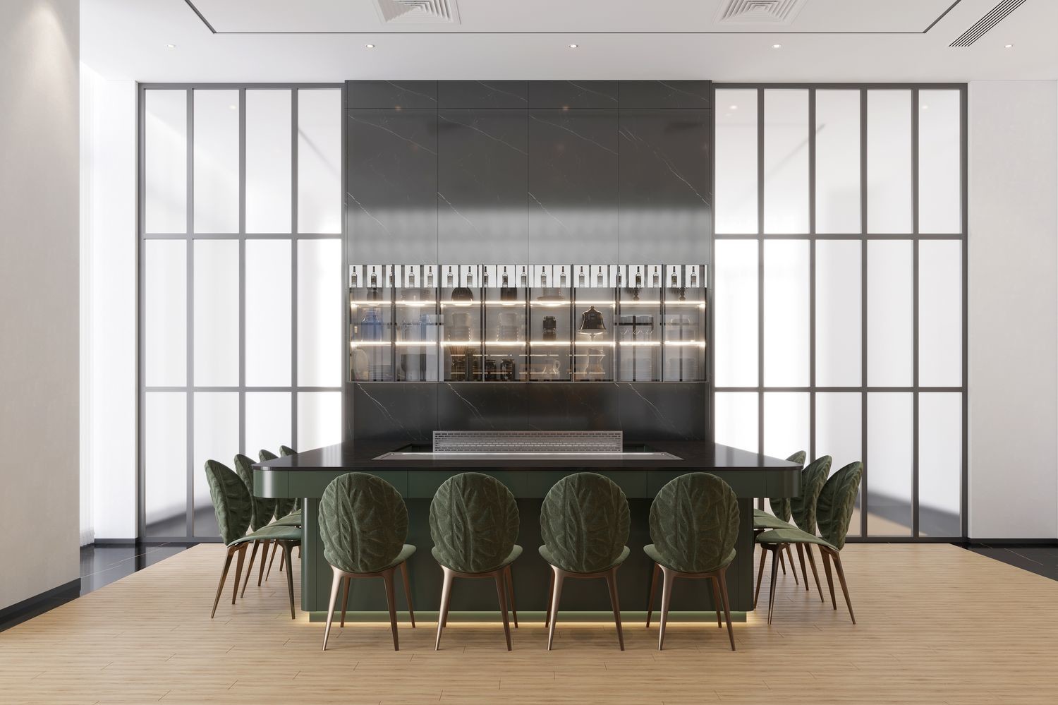 Full-Wall Stainless Steel Wine Cabinet With Storage And Seating In Elegant Black