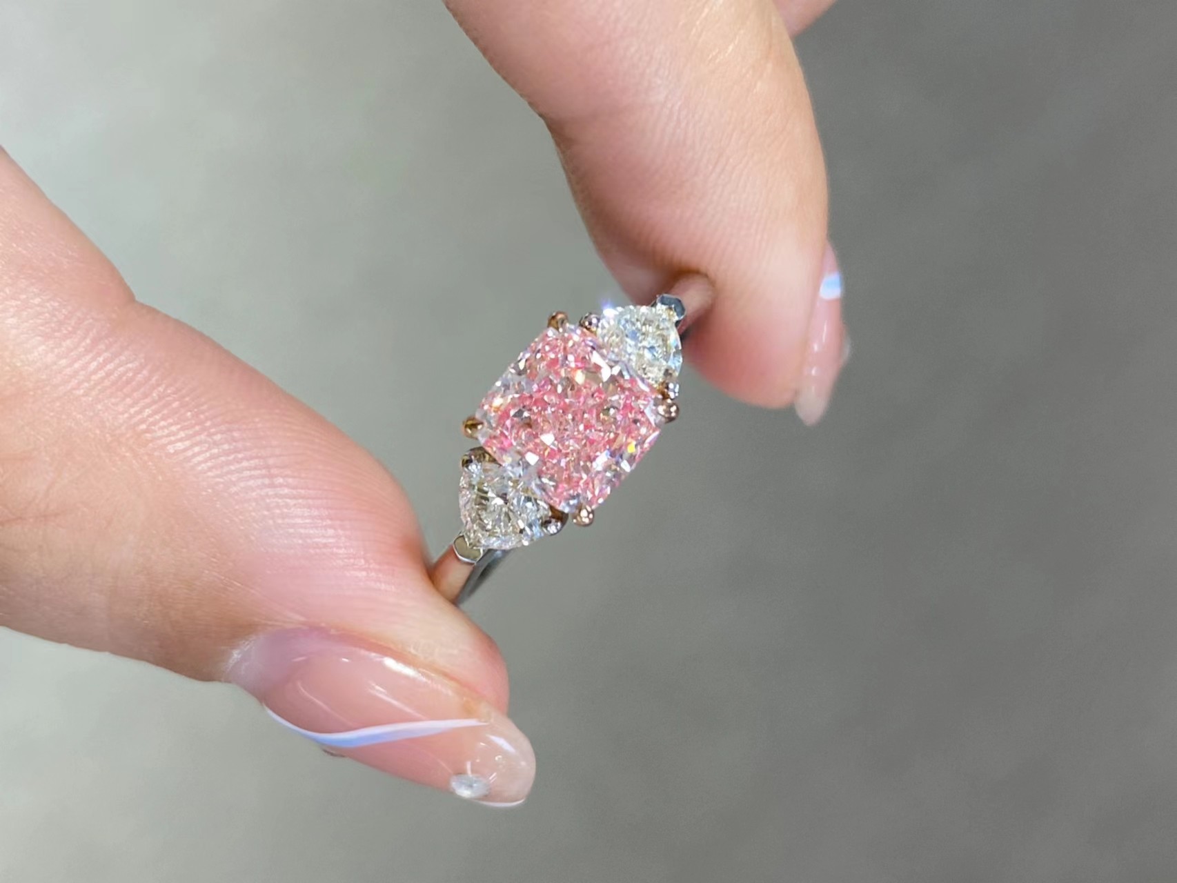1.76CT Synthetic Cherry Pink CVD Diamond Rings Cushion Cut Set In 18k White Gold