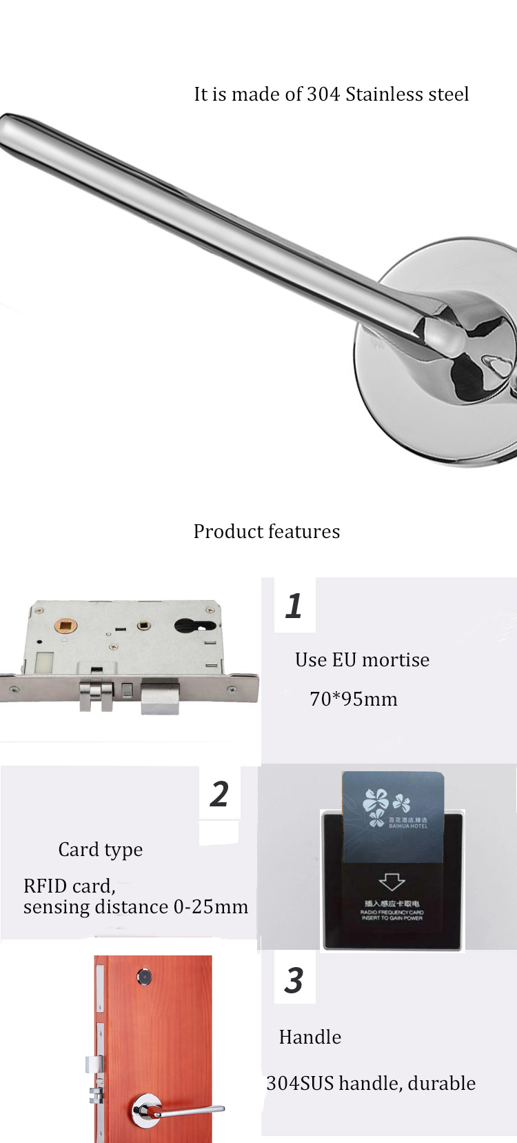 Stainless Steel RFID Hotel Lock Gray Smart Keyless Door Lock