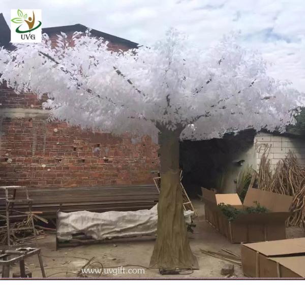 UVG winter wedding ideas white banyan leaves fake white trees for stage