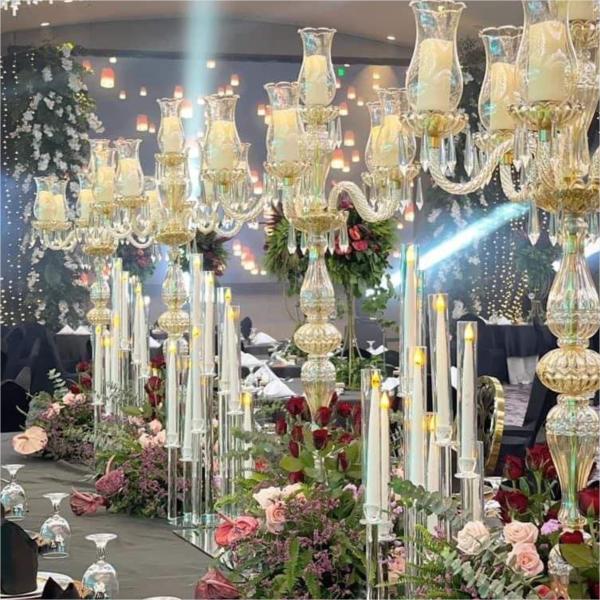 ZT-394 wedding decoration 6 arms cut glass cup tall gold color candle holder