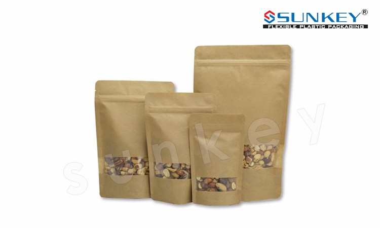 Biodegradable Resealable Food Packaging With Window Kraft Paper Stand Up Pouch