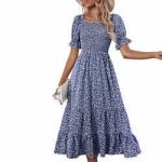 Floral Print Dresses Short Puff Sleeve Square Neck Shirred Detail MIDI Women