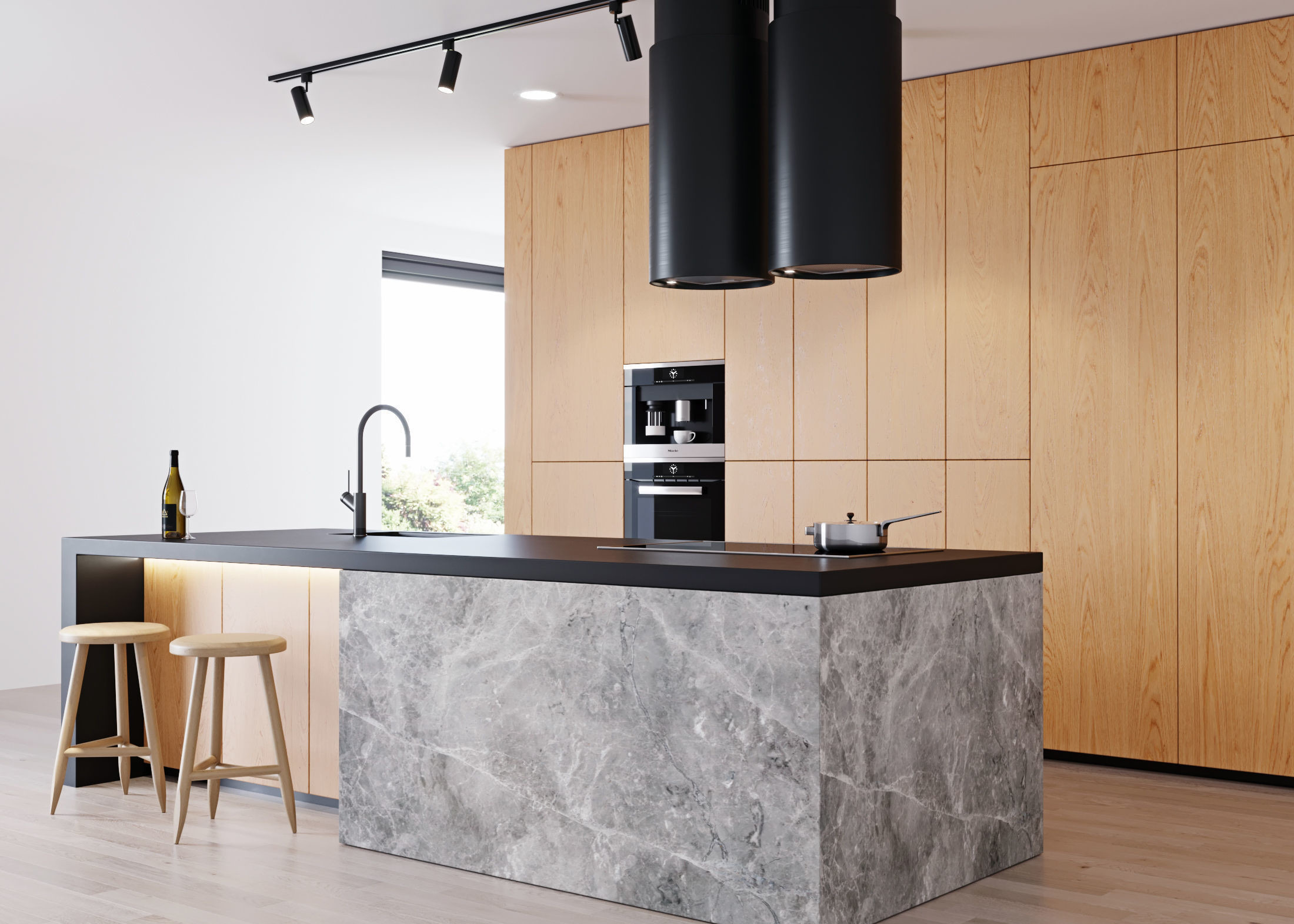 Modern Modular Kitchen cabinets with Island bar and black quartz stone countertop