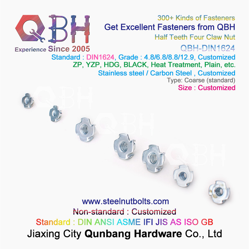 QBH M4-M10 DIN1624 Blue White Yellow Zinc Plated Carbon Steel Half Teeth Four Claw T Nuts