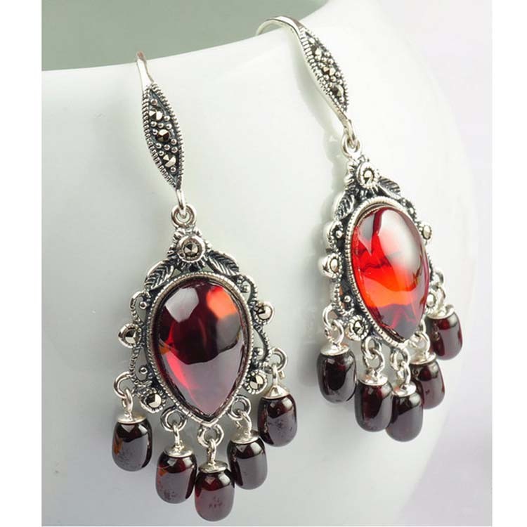 Vintage 925 Silver Created Garnet Tassels Dangle Earrings (E017283W)
