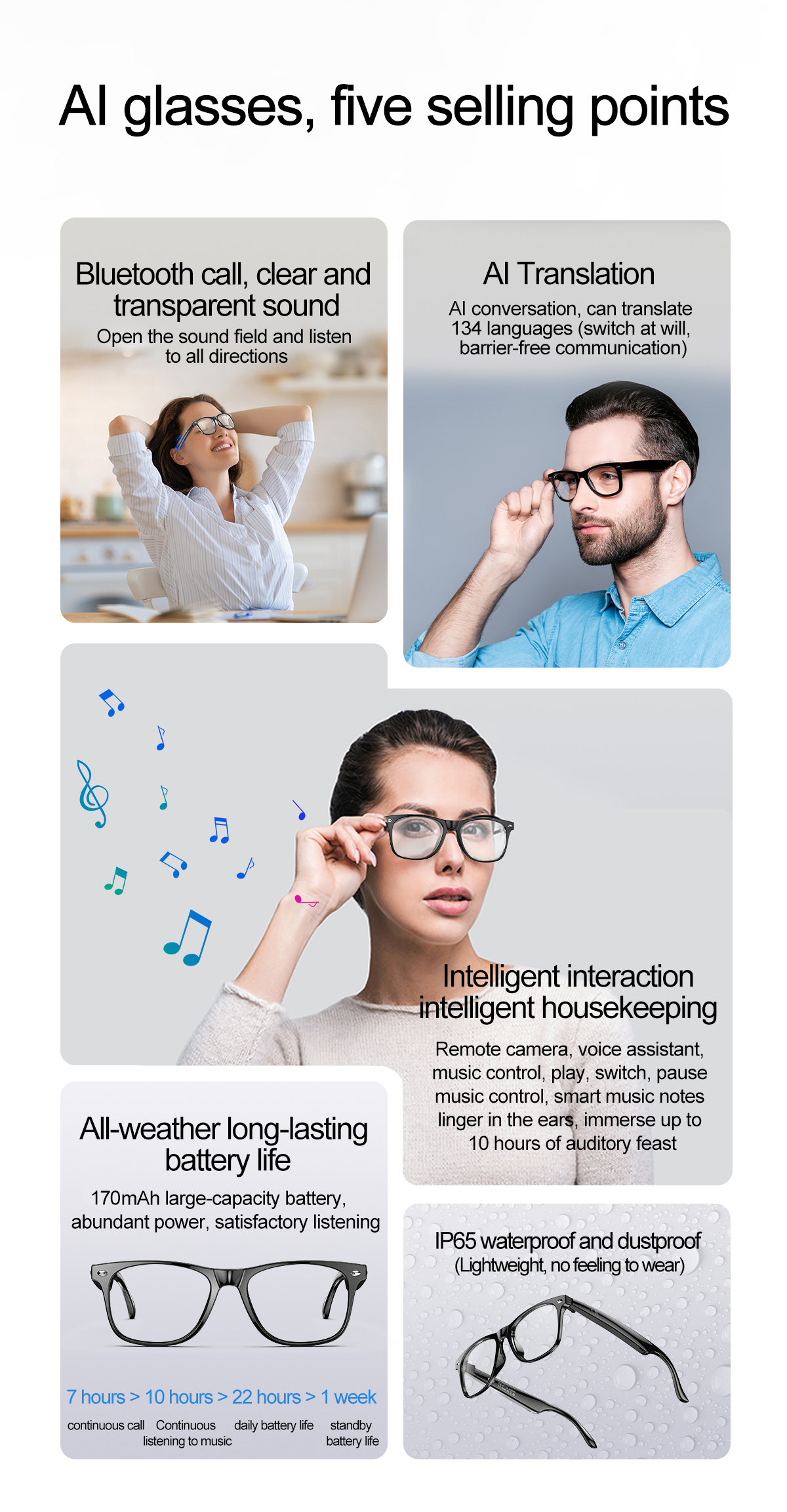AI Intelligent Translation Fashion Glasses BT Compatible Smart Glasses Support 134 Languages