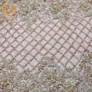 Wholesale Nigerian Styles Gold Beaded Lace Fabric Handmade Tulle Embroidery 135cm Width from china suppliers