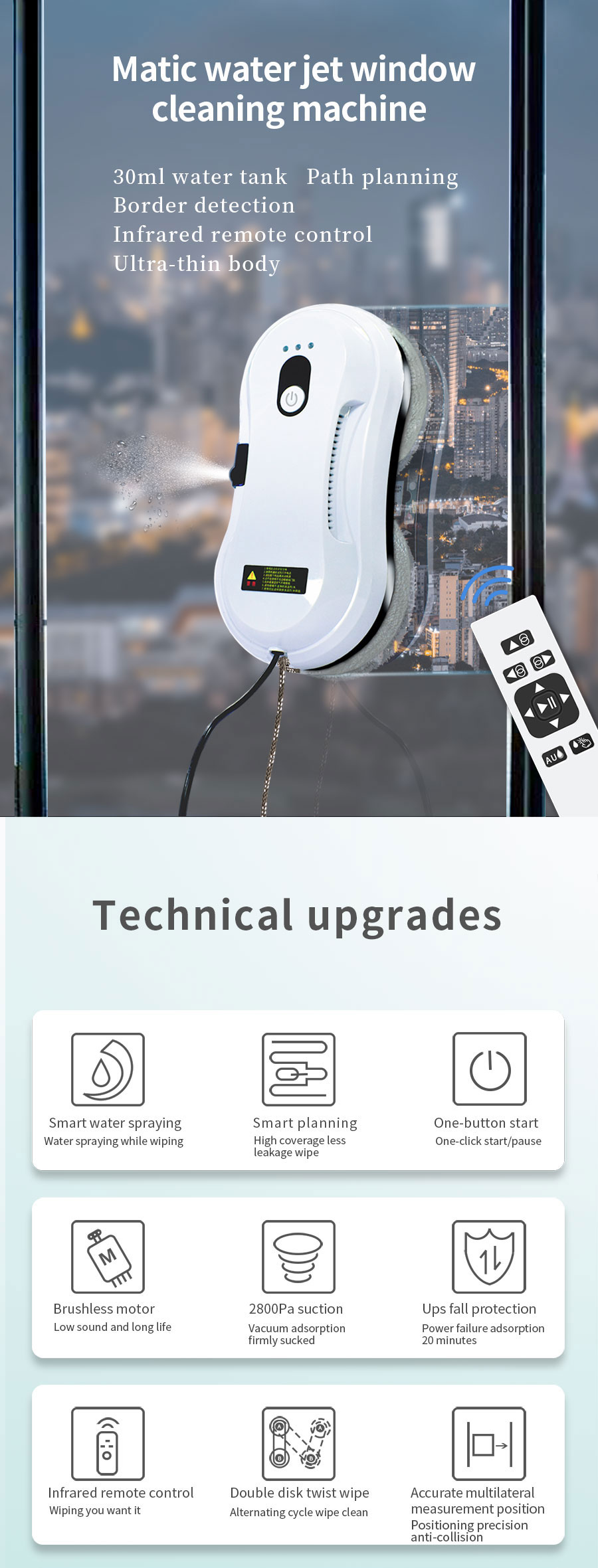 White 80 Watt Window Cleaner Robot 295mm Vacuuming Magnetic Window Cleaning Robot