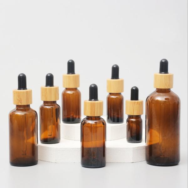 Glossy Amber Color Bamboo Essential Oil Glass Dropper Bottle Wood Cap Glass