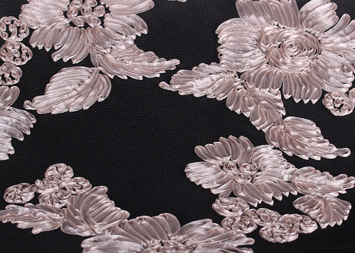 Fashion Chenille Embroidered Lace Fabric , Polyester Mesh Fabric For Dresses