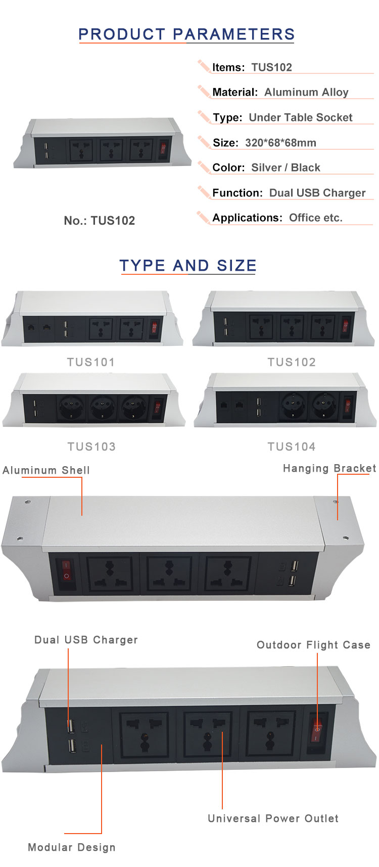 Furniture under table power socket with double usb charger for office power data solution