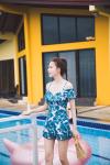Plunge Neckline Tiered Layer Top With Shoulder Off One Piece Swimwear