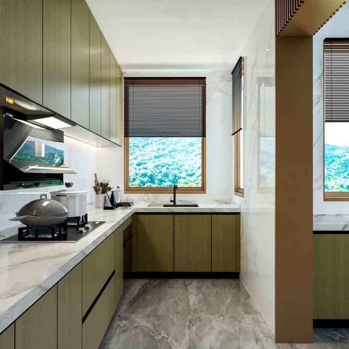 Fadior U-Shaped Wood Grain Stainless Steel Kitchen With Handle-Free Design