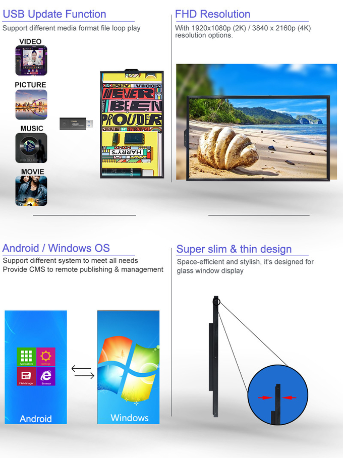 High Brightness Industrial LCD Window Digital Signage 55" Shop Window Automatic Light Sensor