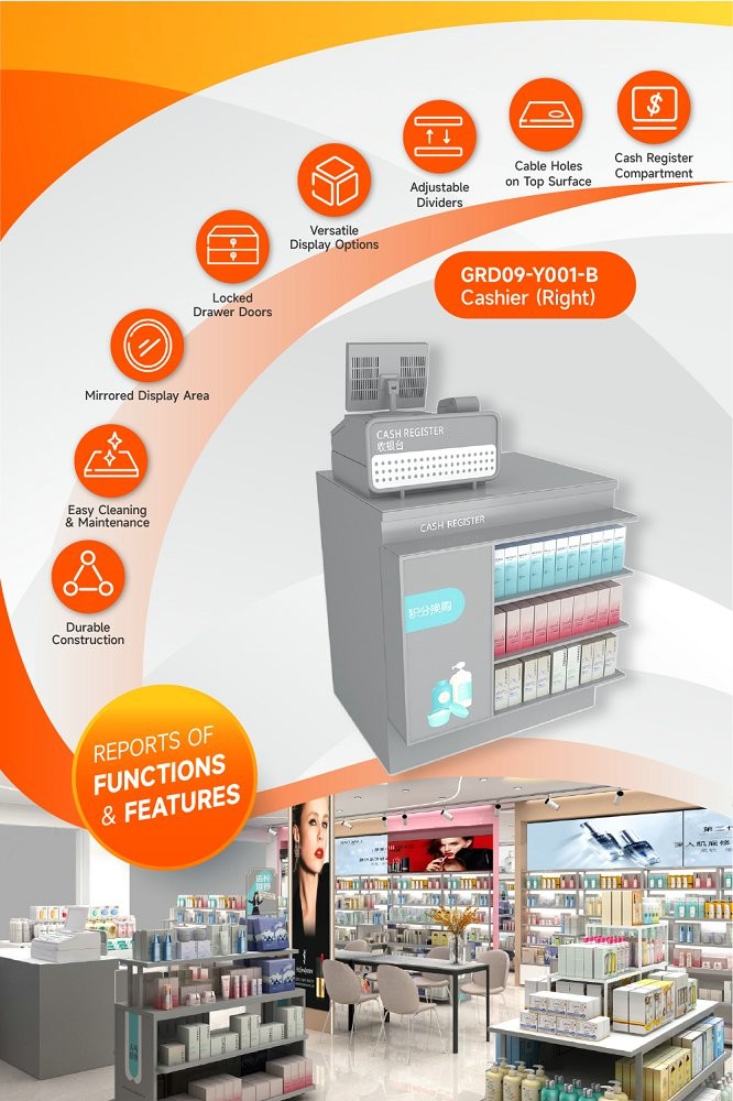 GDR09-Y001-B Retail Display Counter with 5mm Gray Glass and Cash Register Compartment for Mall Booths