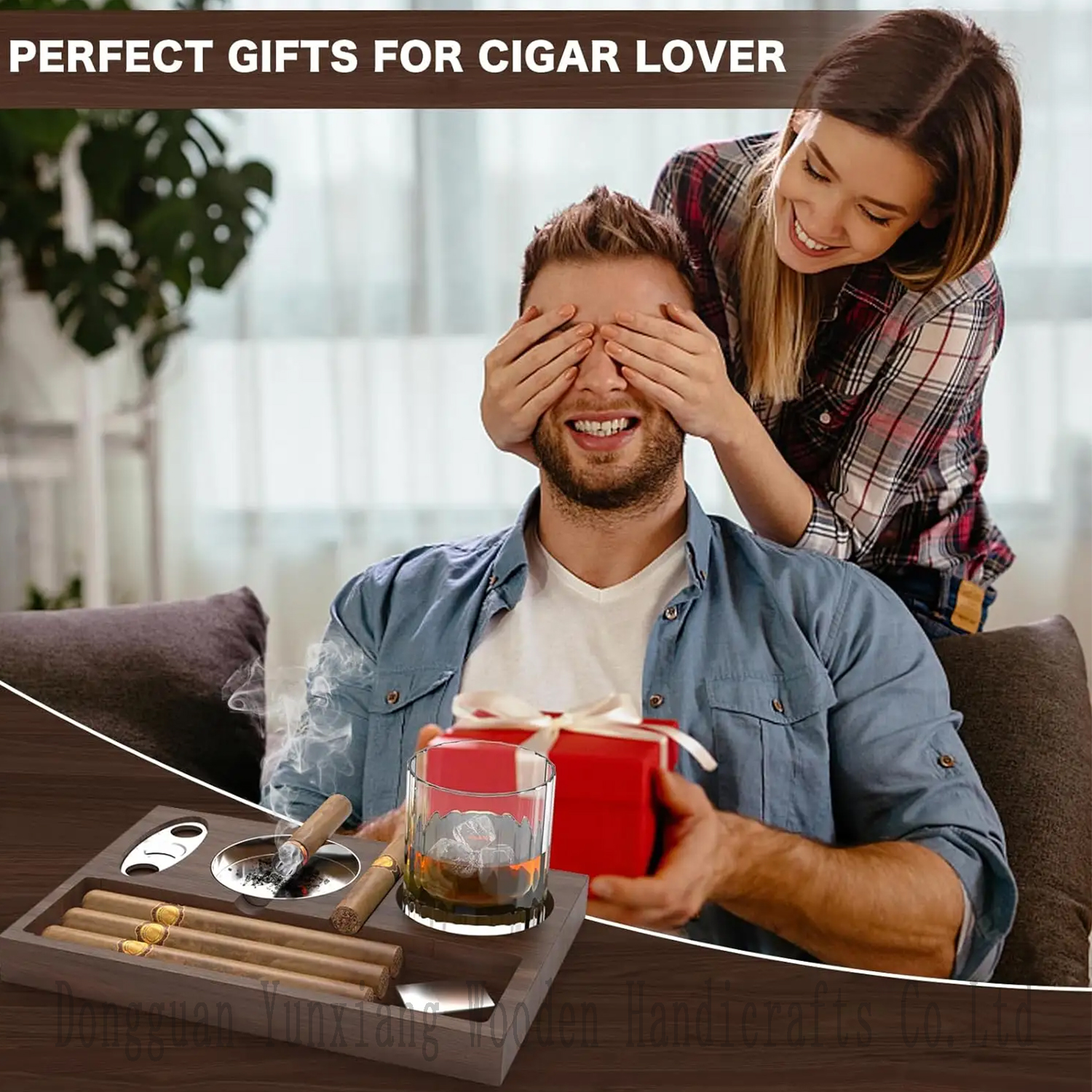 Cigar Ashtray Coaster Whiskey Glass Tray and Cigar Holder, Wooden Ash Tray, Cigar Accessory Set Gift for Men Dad