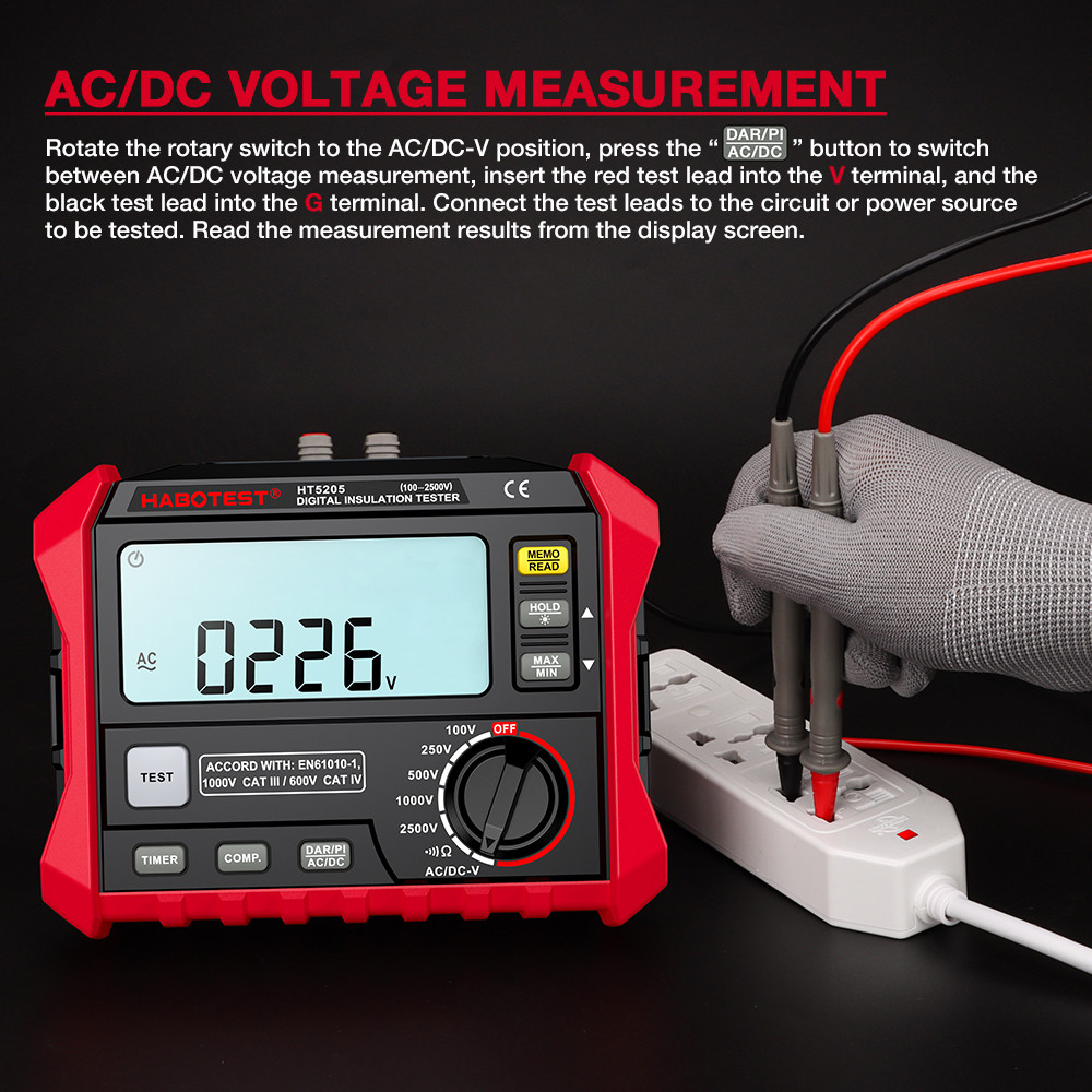 HT5205 Digital Insulation Resistance Tester High-Precision 2500V Voltmeter Resistance Meter 0~200GΩ Megohmeter Ohmmeter