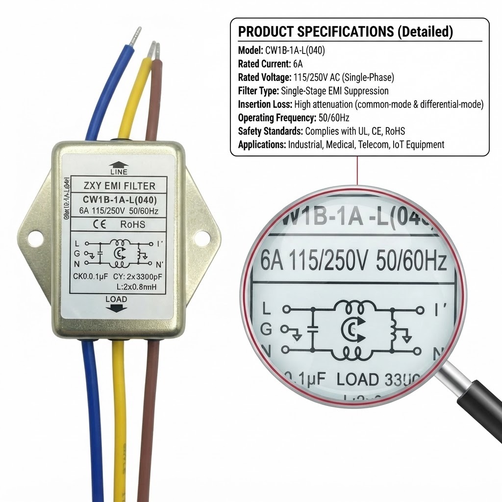 EMI Filter CW1B-1A-L 6A High EMI Suppression Single Phase AC Power Filter with Plug-and-Play Design