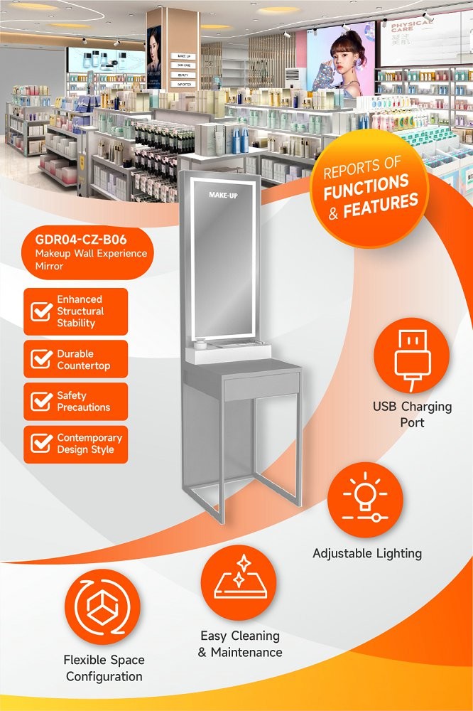 GDR04-CZ-B06 Makeup Wall Experience Mirror with Sandblasted White Light and Grey Glass Top for Cosmetics Brand Boutiques