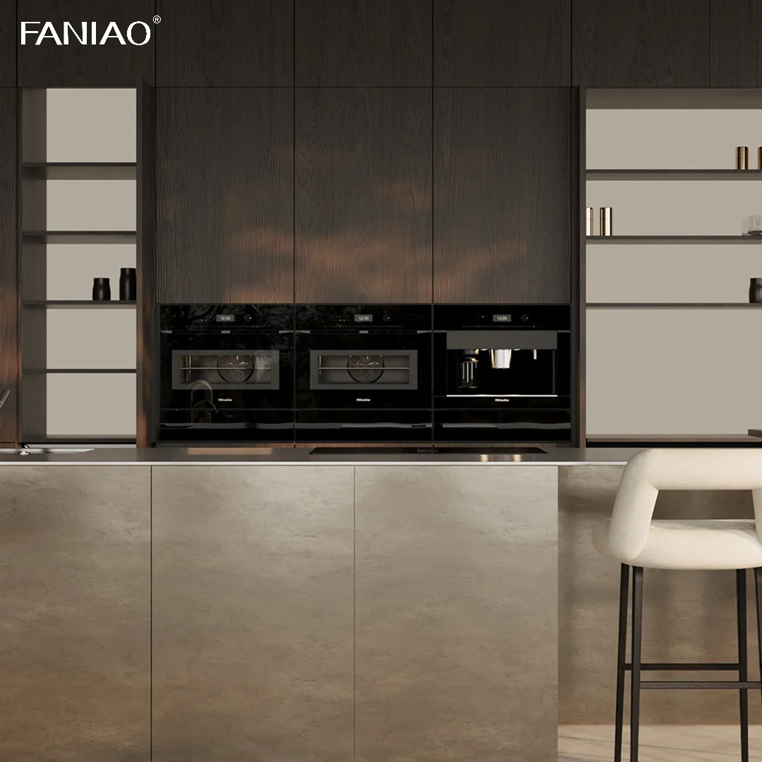 Modern Designs Stainless Steel Custom Furniture I Shaped Kitchen Cabinets Wood Grain Wall Cabinet Stainless Island