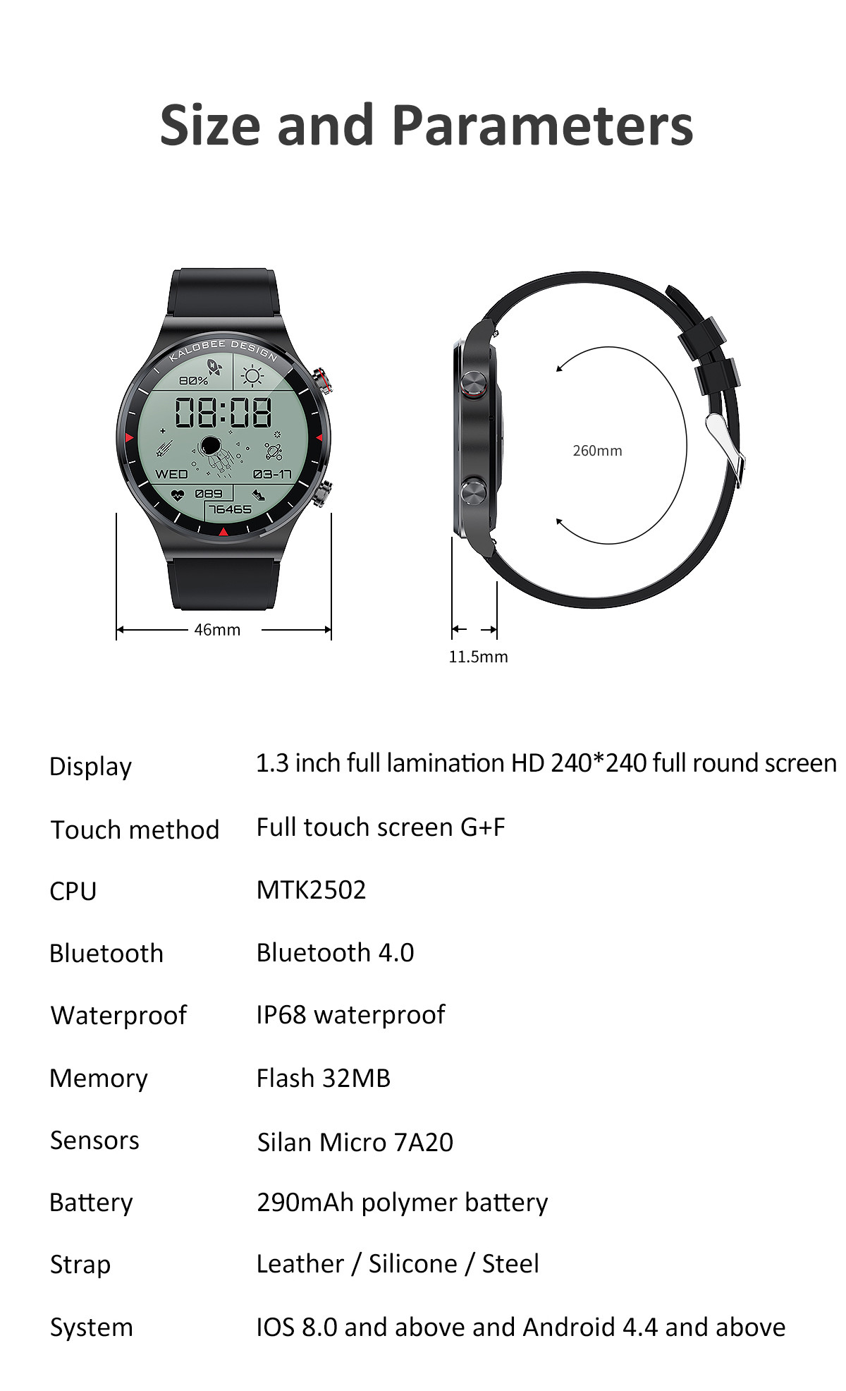 1.3 Inch BT4.0 Waterproof Sport Smartwatch 290mAH For HUAWEI GT2 PRO