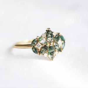 Wholesale Natural Moss Agate Flower Shape Marquise Blossom CZ Wedding Cluster Ring from china suppliers