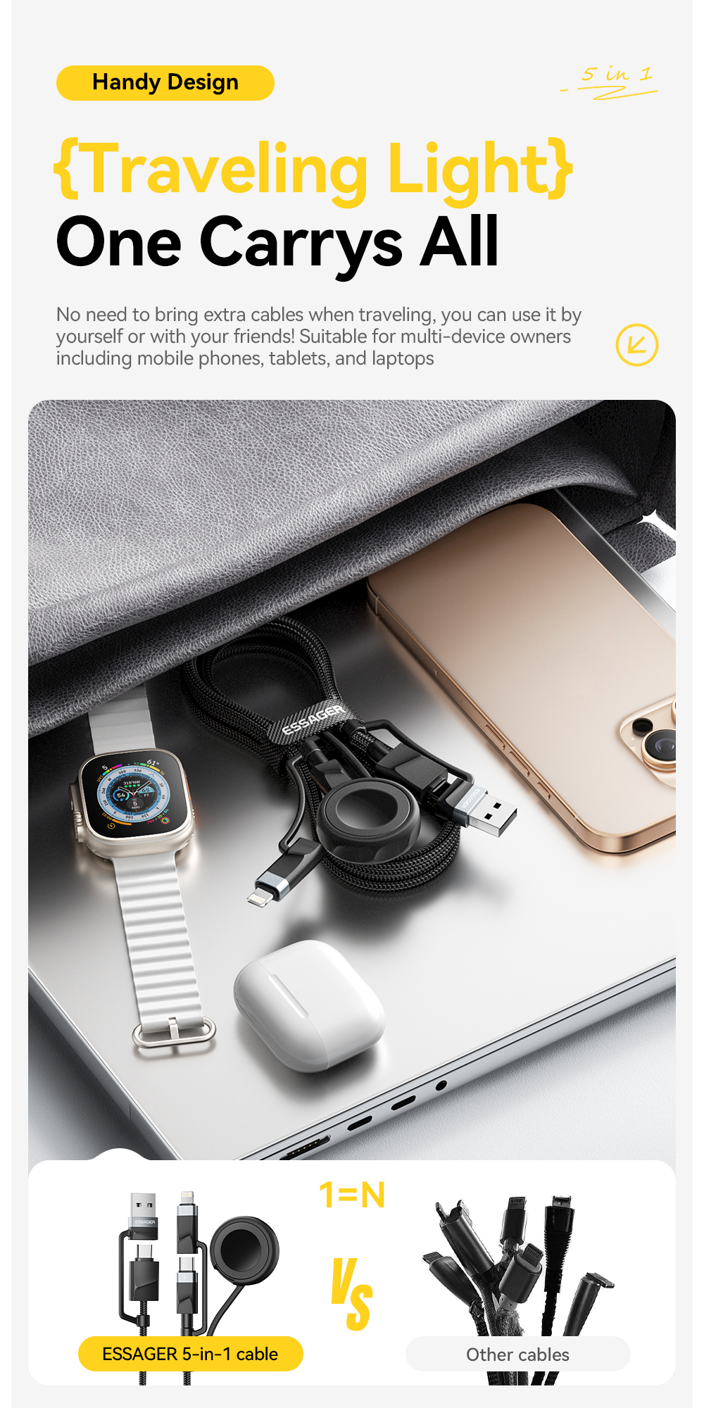 ESSAGER ES-X71 5 in 1 QC PD USB A/C to USB C/L Smart Watch Charging Data Cable
