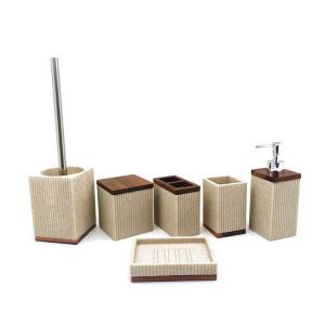 Wholesale ribbed Sand stone Polyresin Bathroom Accessories Set with wooden parts from china suppliers
