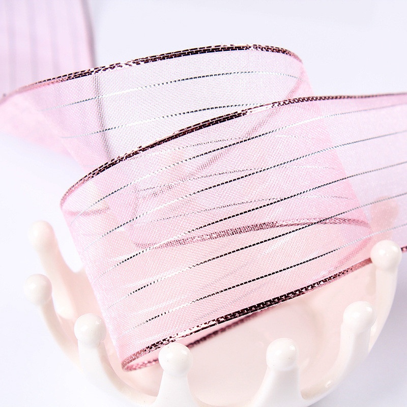 10mm-25mm Gold Line Striped Polyester Organza Ribbon for Gift Wrapping and Boxes Packing or Ribbon Bow