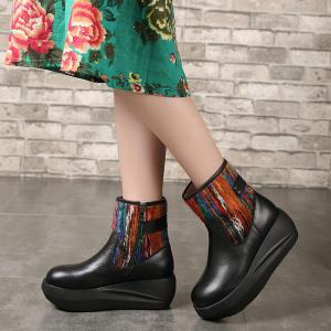 Wholesale S031 Winter new fleece warm leather women's boots original leather hit color casual slope heel platform women's boots from china suppliers