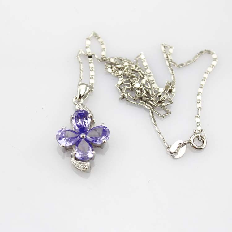Sterling Silver Chain Necklace with Blue Cubic Zirconia Quatrefoil Charm Pendant(P05)