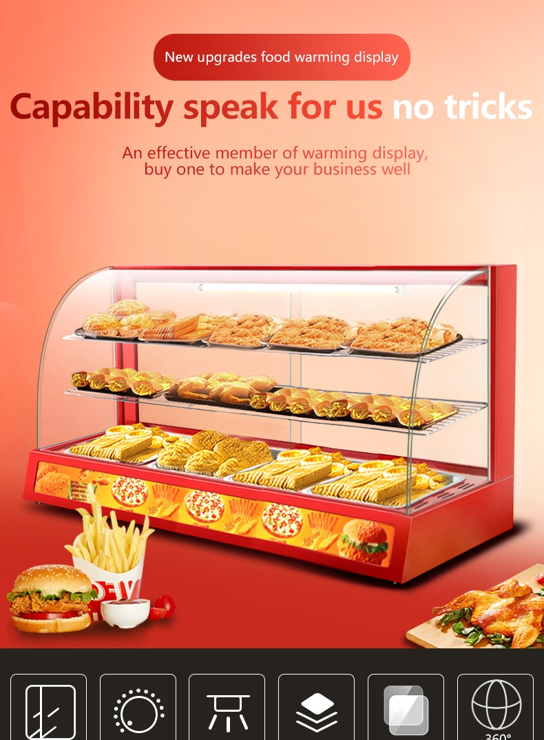 Professional Electric Red Glass Food Warmer Display Showcase with Toughened Glass