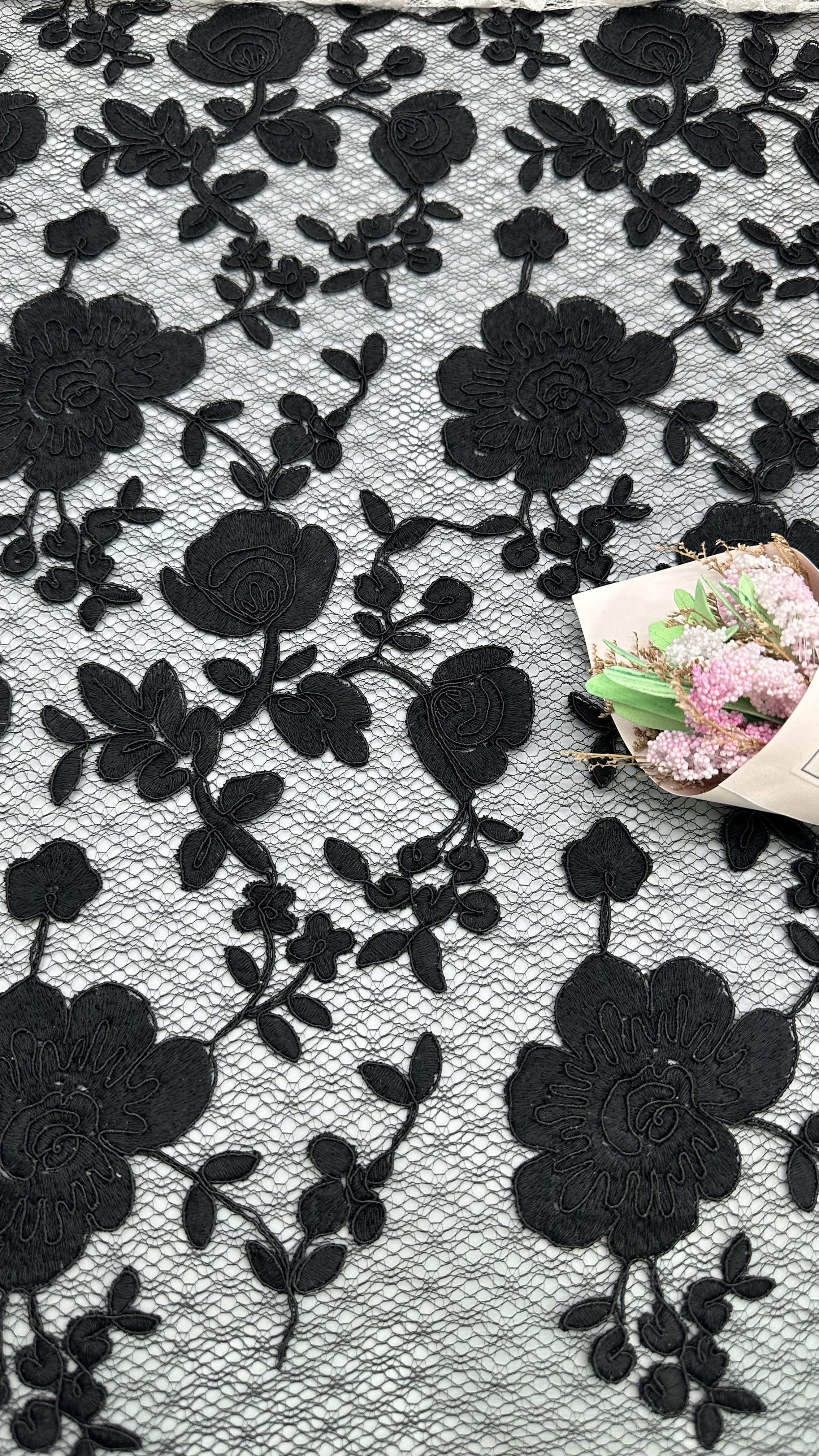 Leafy Embroidered Lace Mesh Baroque Floral Patterns for Romantic Formal Gowns