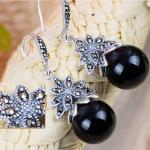 Sterling Silver Black Agate Bead Dangle Hoop Earrings Thai Vintage Jewellery
