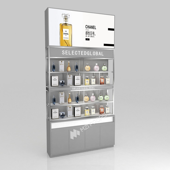 Skincare Display Shelf Grey Wooden Laminated Display Cabinet For Makeup Display Showcase And Cosmetic Display Stand