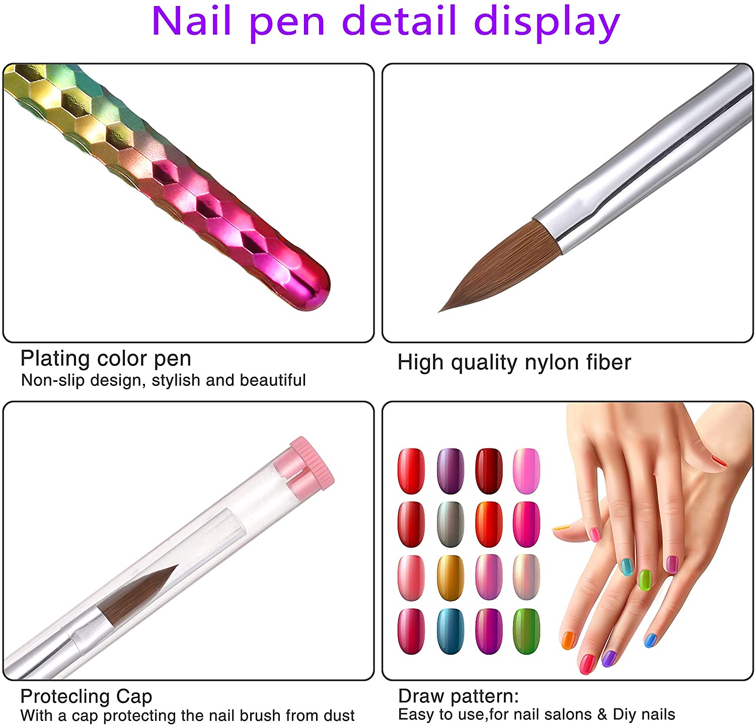 100% Kolinsky Rainbow Acrylic Nail Art Brush Styling Tool #8 10 12 14 16 18 20